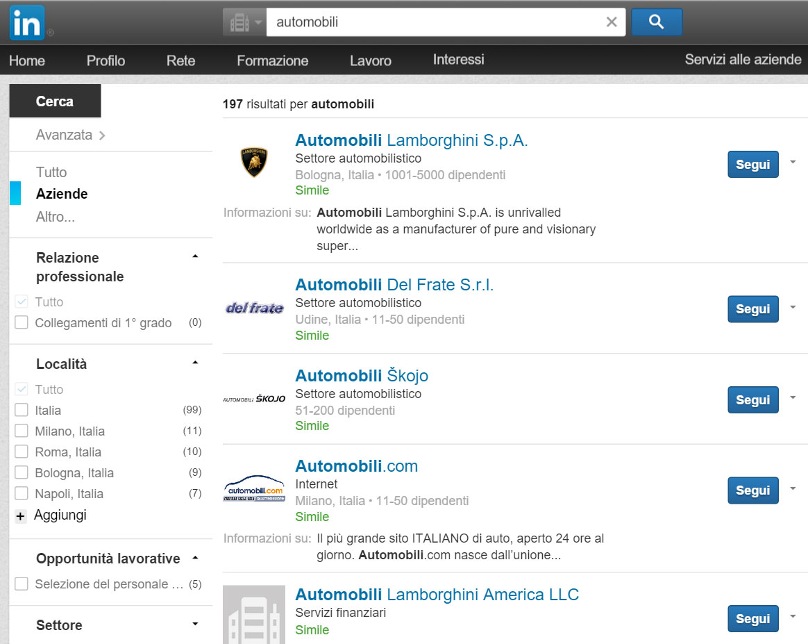 ricerca pagina linkedin